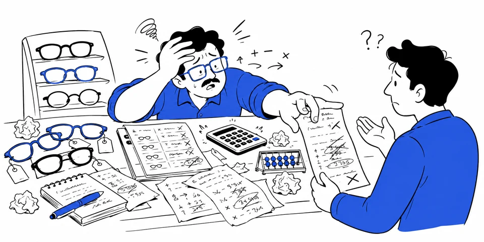 A shopkeeper lost in mental maths, calculator and crossed-out sums