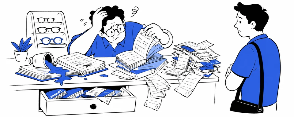 A shopkeeper buried in carbon-copy bills